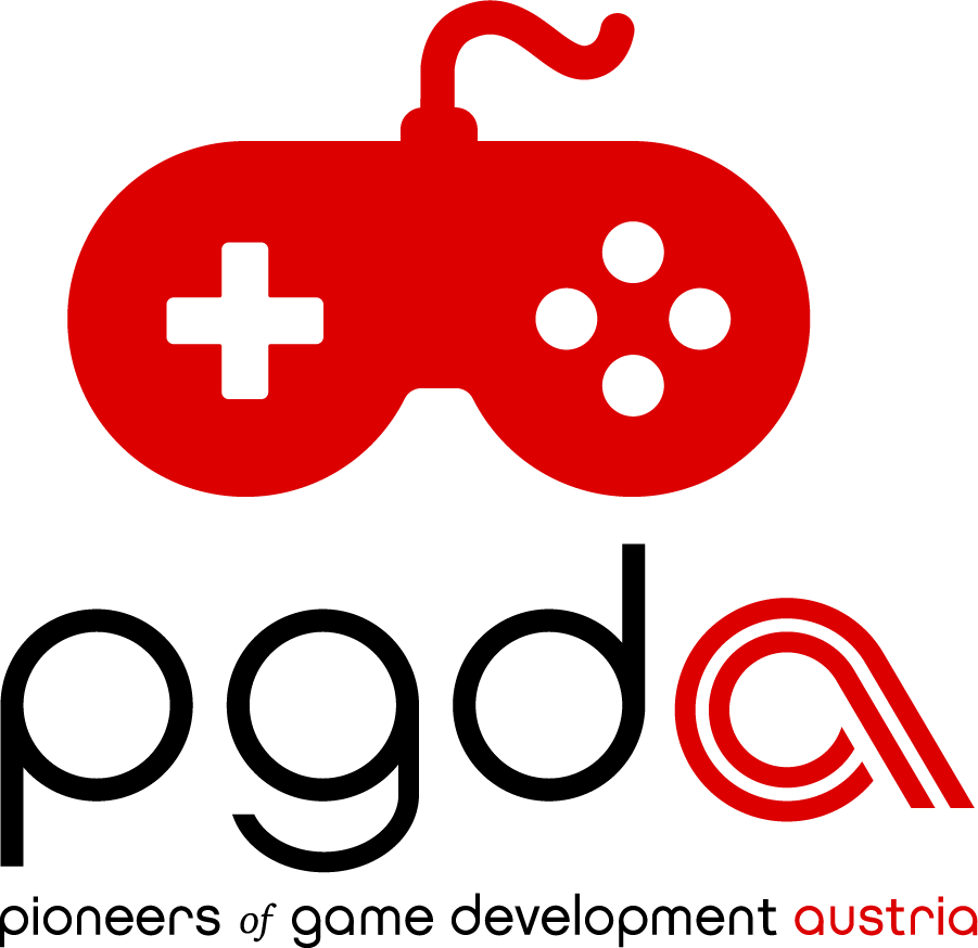 logo of pgda, a red game controller